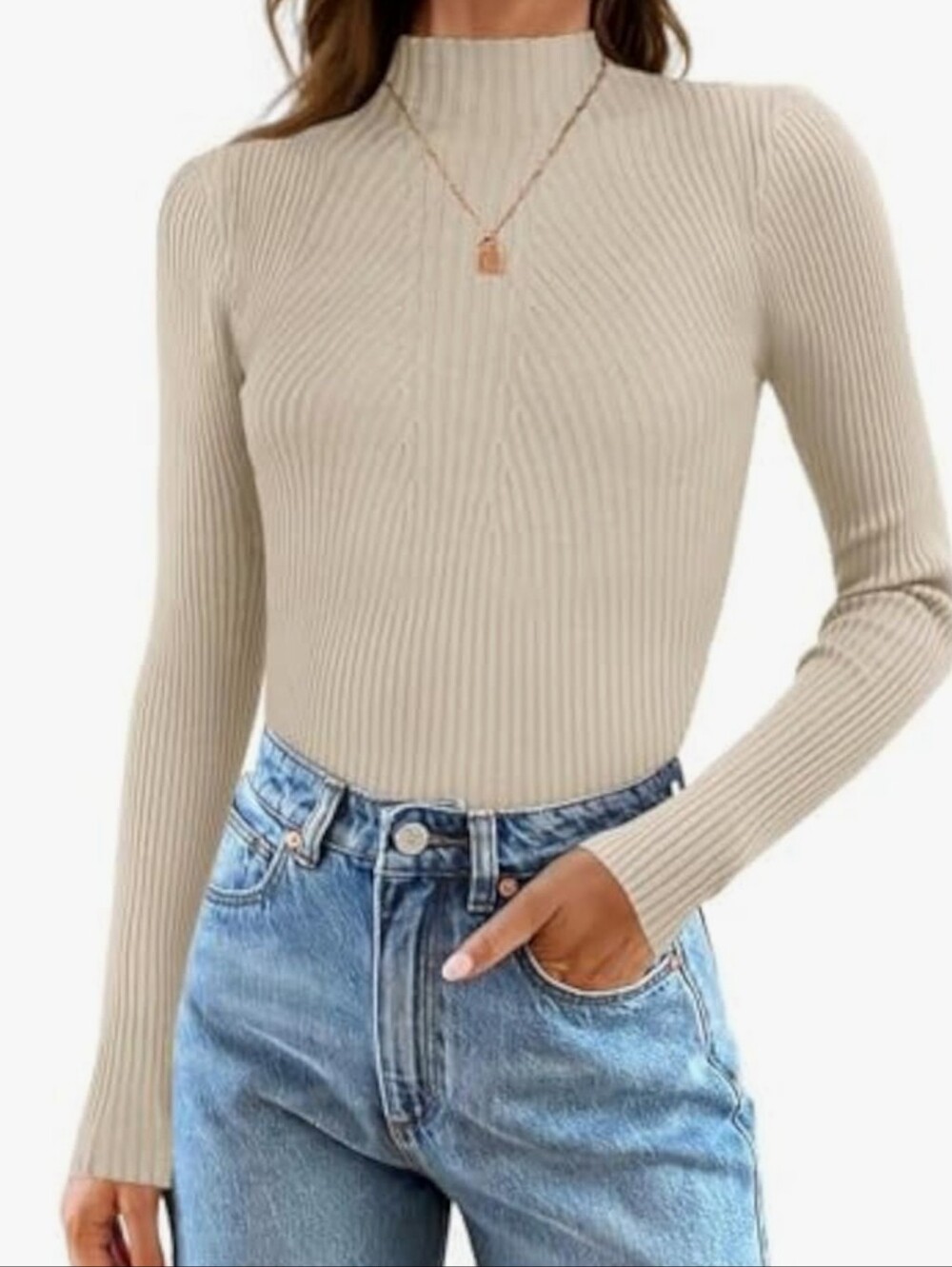 ZESICA NWT Ribbed Knit Mock Neck Sweater | Cream Long Sleeve Pullover | XL